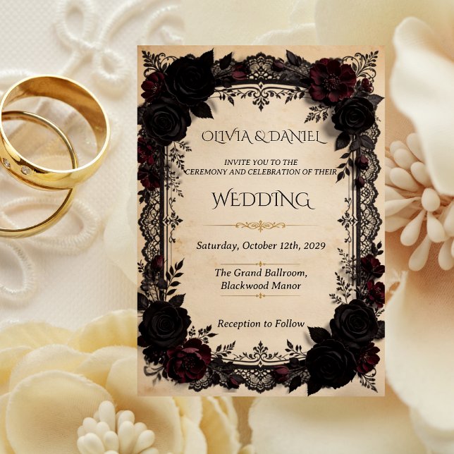Convite Luxuoso Casamento Vitoriano de Renda Preta com Rom (Criador carregado)