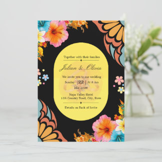 Convite Luxuoso Conjunto de Casamento Floral Preto e Doura