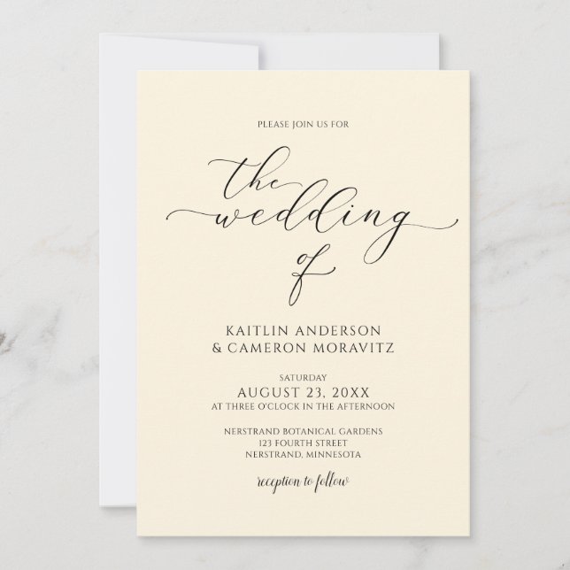 Convite Luxuoso Creme Casamento Elegante Caligrafia Script (Frente)