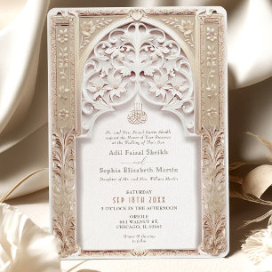 Convite Luxuoso Creme e Dourado Arabesco Casamento Islâmic