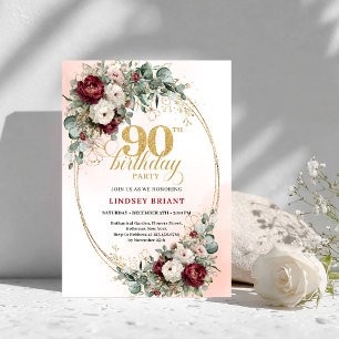 Convite Luxuoso Floral Borgonha Dourado Folhagem Aniversár