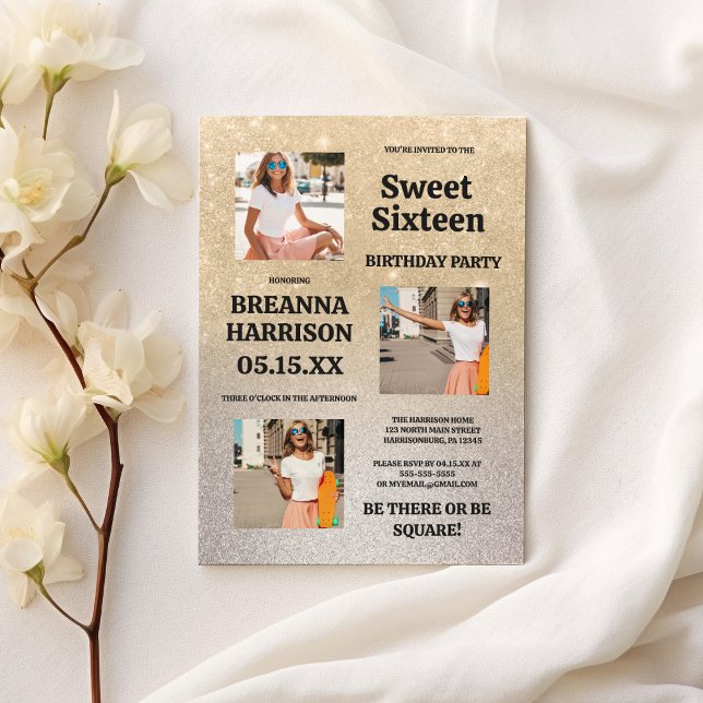 Convite Luxuoso gradiente de glitter ouro prata Foto Sweet (Luxury gold silver glitter gradient Photo Sweet 16)