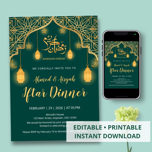 Convite Luxuoso Iftar Geométrico em Esmeralda Verde e Dour (Criador carregado)