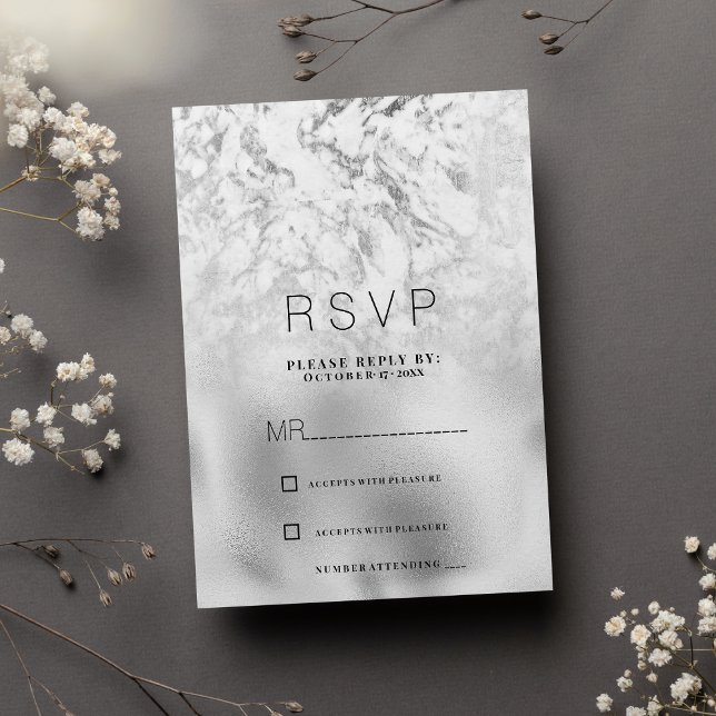 Convite Luxuoso mármore cinza branco prata RSVP (Luxurious gray white silver marble RSVP)