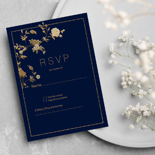 Convite Luxuoso moderno floral dourado azul marinho RSVP