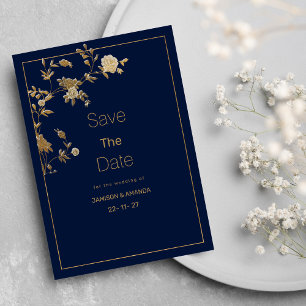Convite Luxuoso moderno floral dourado azul-marinho Salve