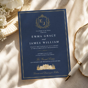 Convite Luxuoso Monograma de Casamento Azul Naval Old Mone