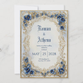 Convite Luxuoso Oval de Noiva Vitoriano Azul Dourado Ornam