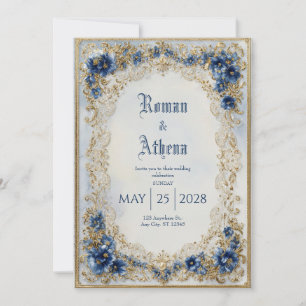 Convite Luxuoso Oval de Noiva Vitoriano Azul Dourado Ornam