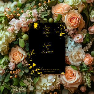 Convite Luxuoso Preto e Dourado Floral Salve a Data