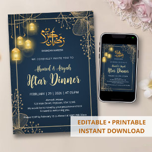 Convite Luxuoso Quadro Iftar Azul Marinho e Dourado Brilha