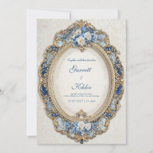 Convite Luxuoso Quadro Oval Rococó Azul Naval Dourado Casa