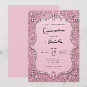 Convite Luxuoso Quinceañera Brilho Rosa Rhinestones
