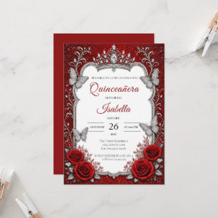 Convite Luxuoso Quinceañera Prata Vermelho