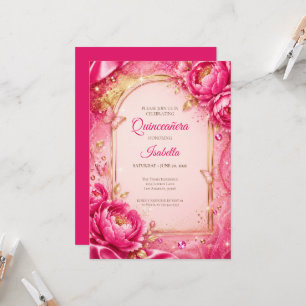 Convite Luxuoso Quinceañera Princesa Rosa em Ouro