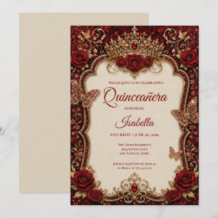 Convite Luxuoso Quinceañera Princesa Vermelho & Dourado