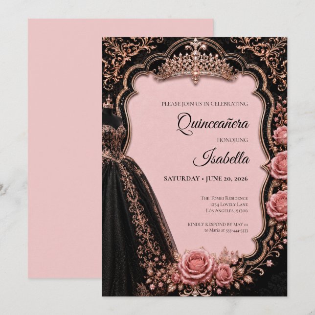 Convite Luxuoso Quinceañera Rosa (Frente/Verso)