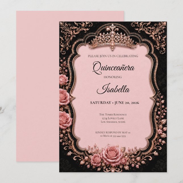 Convite Luxuoso Quinceañera Rosa (Frente/Verso)