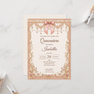 Convite Luxuoso Quinceañera Rosa Bege Dourado