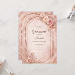 Convite Luxuoso Quinceañera Rosa Bege Dourado