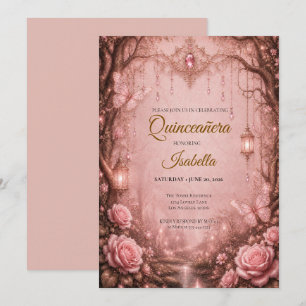 Convite Luxuoso Quinceañera Rosa com Rhinestones