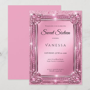 Convite Luxuoso Rosa Brilhantes Cristais Sweet 16