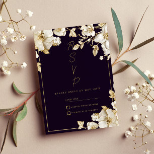 Convite Luxuoso RSVP floral em roxo escuro e dourado branc