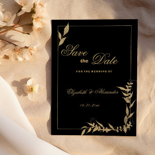 Convite Luxuoso Save the Date de folhagem preta e dourada