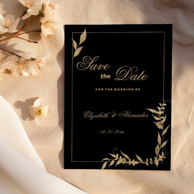 Convite Luxuoso Save the Date de folhagem preta e dourada (Luxury black and gold foliage Save the Date)