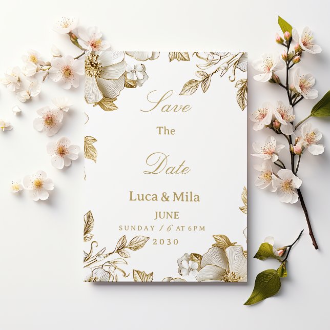 Convite Luxuoso Save the Date floral branco e dourado (Luxury white and gold floral Save the Date)