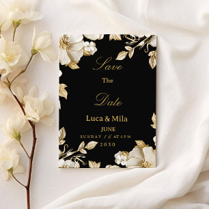 Convite Luxuoso Save the Date floral preto e dourado