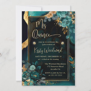 Convite Luxuoso Teal e Floral Dourado Agata Quinceanera