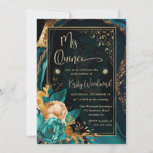 Convite Luxuoso Teal e Floral Dourado Agata Quinceanera