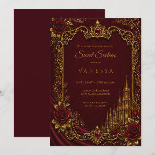Convite Luxuoso Vermelho & Dourado Princesa Sweet 16