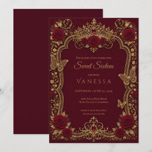 Convite Luxuoso Vermelho & Dourado Princesa Sweet 16