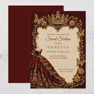 Convite Luxuoso Vermelho & Dourado Princesa Sweet 16