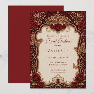 Convite Luxuoso Vermelho & Dourado Princesa Sweet 16