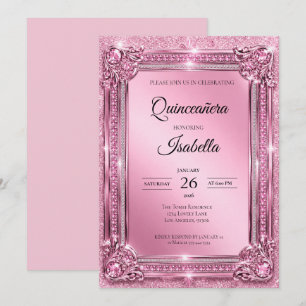 Convite Luxuosos Rhinestones Brilho Rosa Quinceañera