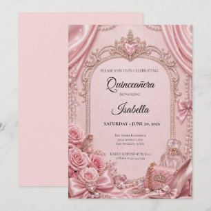 Convite Luxuosos Rhinestones Rosa Quinceañera