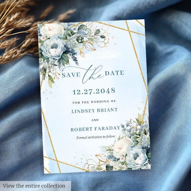 Convite Luxúria Azul, Dourada Branca, Salva a Data (Luxurious Pastel Blue White Gold Flowers Save The Date)