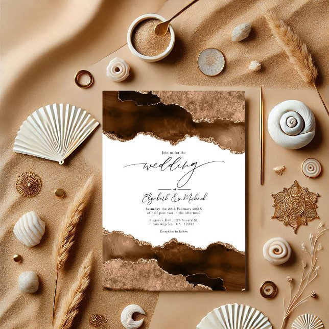 Convite Luxurioso Brown & Dourado Agate Weding Código QR R (Luxurious Brown & Gold Agate Wedding QR Code Rsvp Invitation)