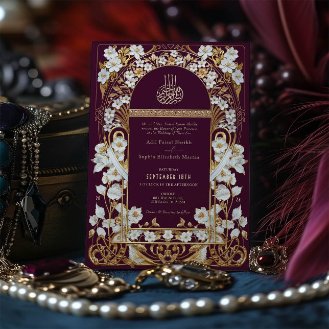 Convite Luxurioso Plum Burgundy e Casamento Islâmico Doura (Criador carregado)