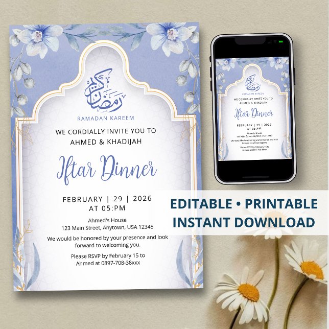 Convite Luxurious Blue and Gold Floral Iftar Dinner (Criador carregado)