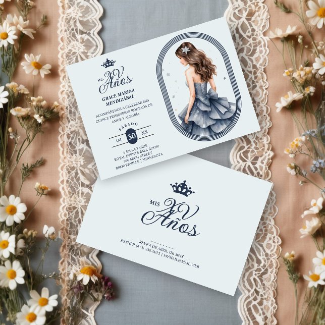 Convite Luxurious Blue Oval Frame Charming Quinceañera  (Spanish Luxurious Blue Oval Frame Charming Quinceañera Doll Illustration in Blue Shades Invitation.)