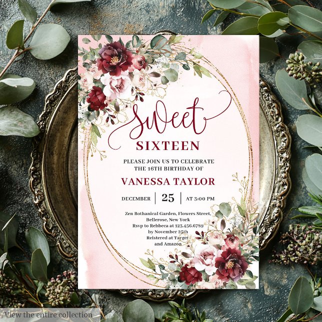 Convite Luxurious Burgundy Blush Floral Sweet Sixteen Card (Luxurious Burgundy Blush Floral Sweet Sixteen Invite

)