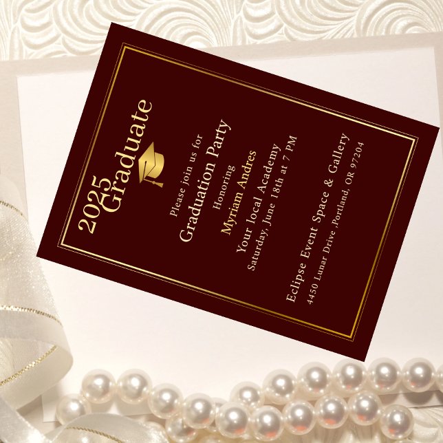 Convite Luxurious Burgundy & Gold Graduation Invitation (Criador carregado)