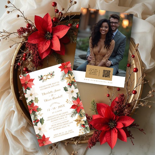 Convite Luxurious Colorful Christmas Botanical & Floral (Luxurious Colorful Christmas Botanical and Floral Frame Wedding Invitations Cards with Back QR.)