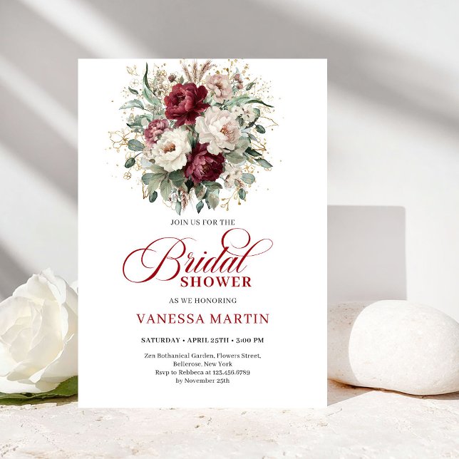 Convite Luxurious Deep Red Gold Bridal Shower Invitation (Luxurious Deep Red Gold Bridal Shower Invitation)