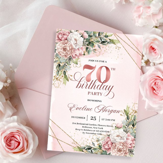 Convite Luxurious Dusty Pink Floral Greenery 70th Birthday (Luxurious Dusty Pink Floral Greenery 70th Birthday Invitation)