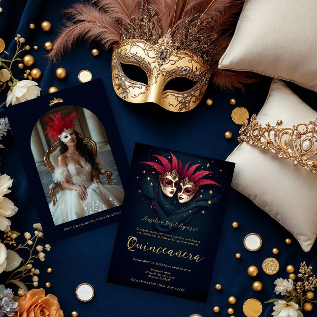 Convite Luxurious Glam Venetian Mask Quinceañera Party (Luxurious Glam Two ornate Venetian masks with gold and feather accents set against a dark background)